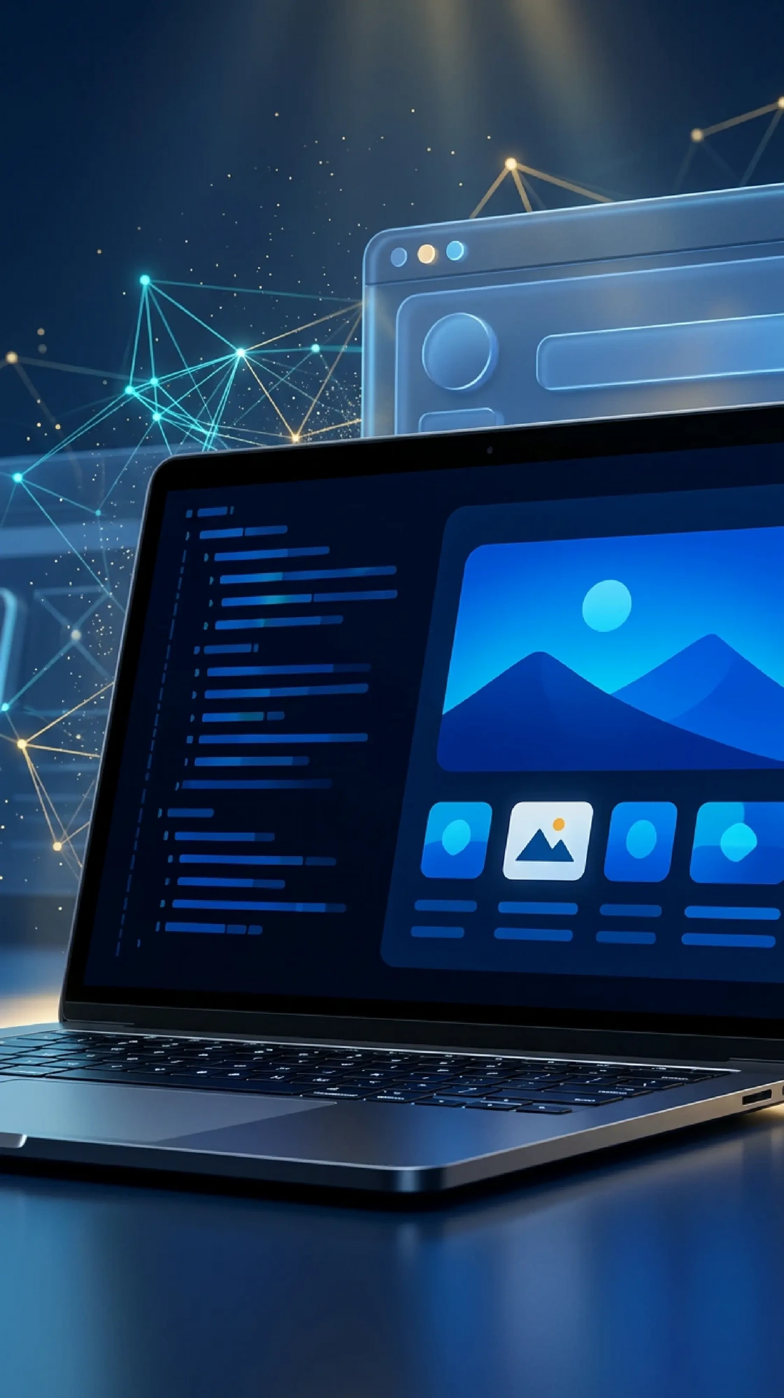 Sviluppo web — codice e interfaccia su laptop